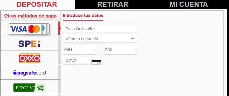 Formulario de depósito en casino online Depósito en casino